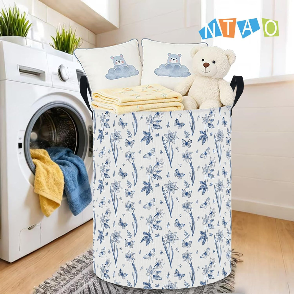 Large Round Canvas Linen Laundry Hamper,Waterproof Storage Bin for Books/Clothes, Laundry Basket, Gift Basket(Eucalyptus leaves)