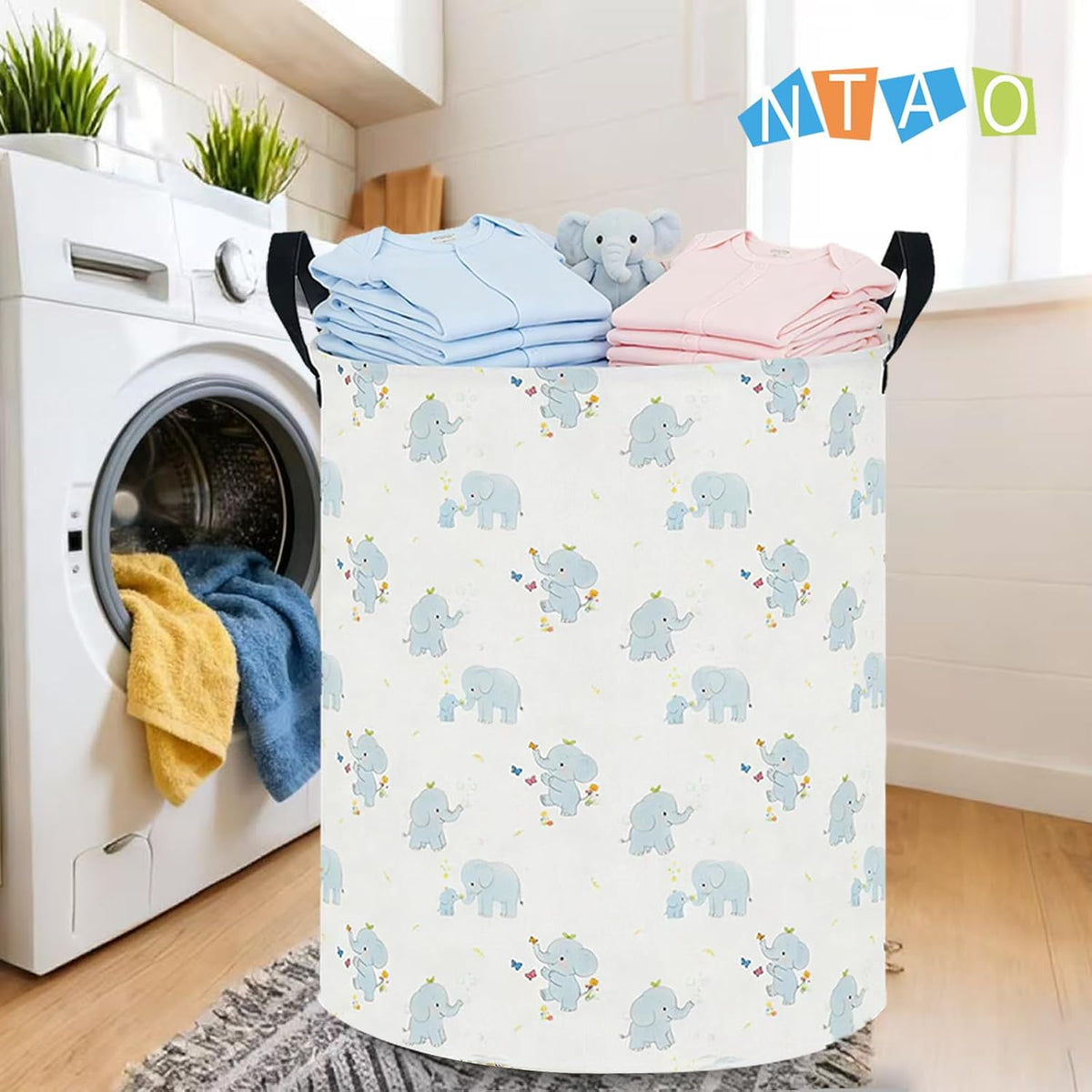 Large Round Canvas Linen Laundry Hamper,Waterproof Storage Bin for Books/Clothes, Laundry Basket, Gift Basket(Eucalyptus leaves)