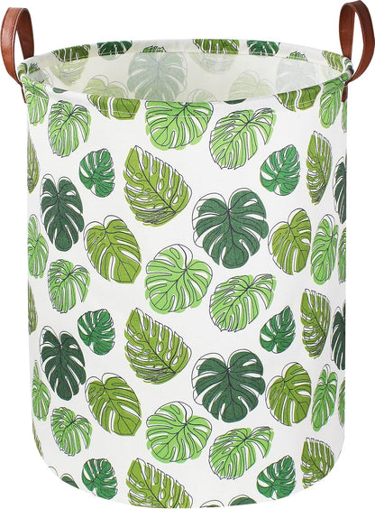 Large Round Canvas Linen Laundry Hamper,Waterproof Storage Bin for Books/Clothes, Laundry Basket, Gift Basket(Eucalyptus leaves)