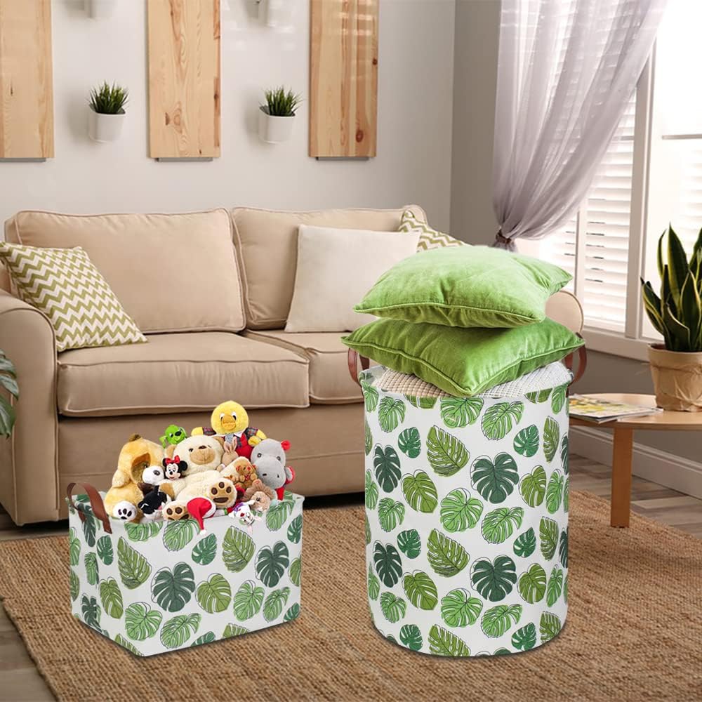 Large Round Canvas Linen Laundry Hamper,Waterproof Storage Bin for Books/Clothes, Laundry Basket, Gift Basket(Eucalyptus leaves)