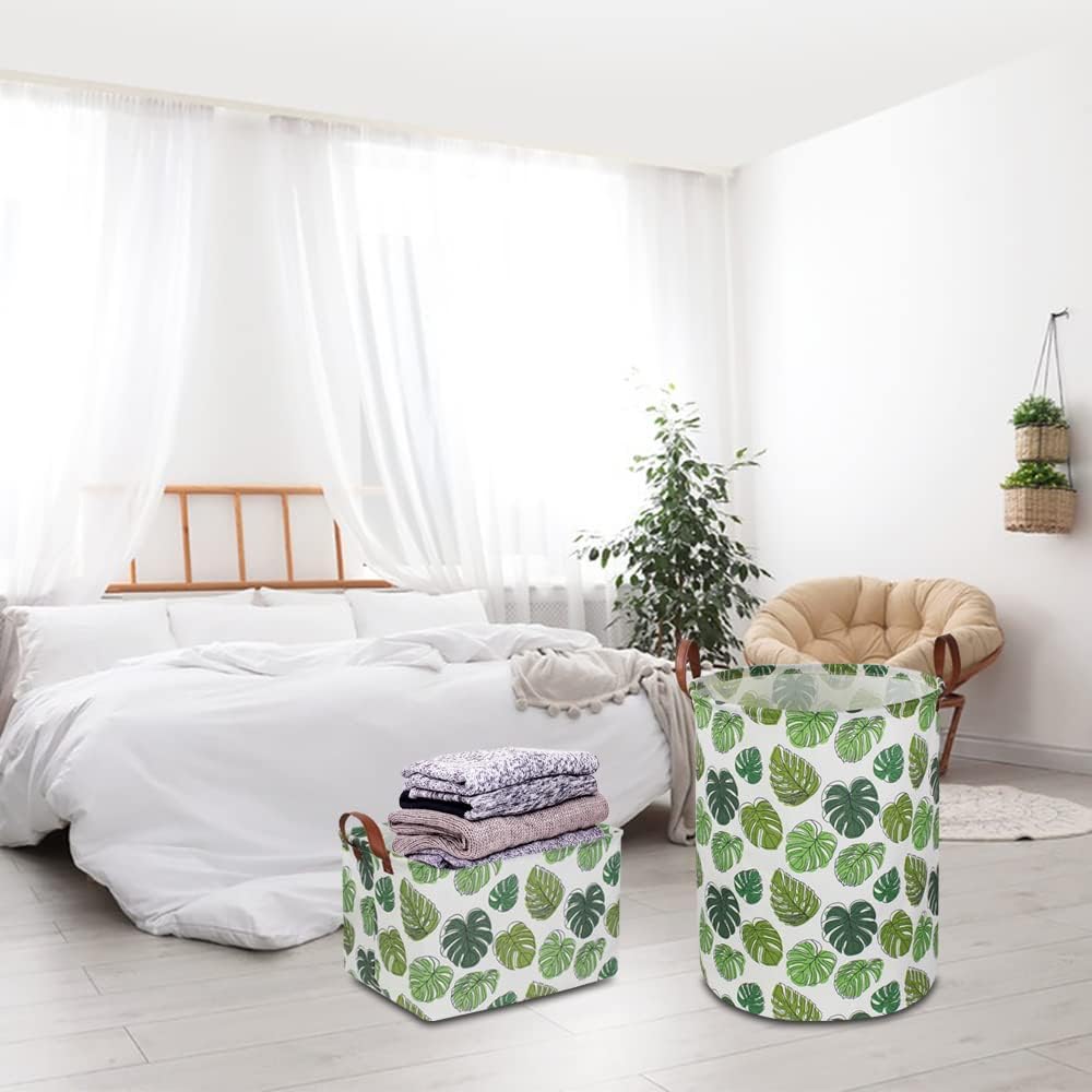 Large Round Canvas Linen Laundry Hamper,Waterproof Storage Bin for Books/Clothes, Laundry Basket, Gift Basket(Eucalyptus leaves)