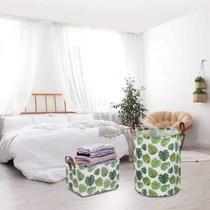 Large Round Canvas Linen Laundry Hamper,Waterproof Storage Bin for Books/Clothes, Laundry Basket, Gift Basket(Eucalyptus leaves)