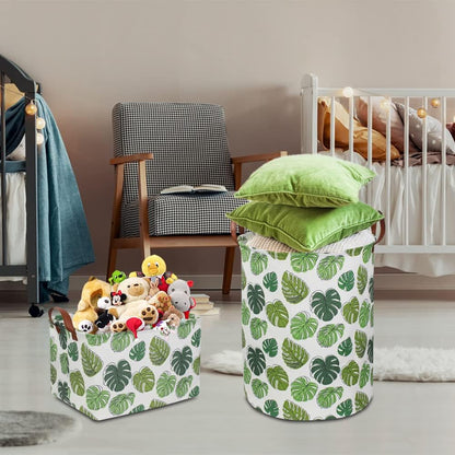 Large Round Canvas Linen Laundry Hamper,Waterproof Storage Bin for Books/Clothes, Laundry Basket, Gift Basket(Eucalyptus leaves)