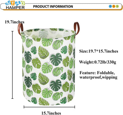 Large Round Canvas Linen Laundry Hamper,Waterproof Storage Bin for Books/Clothes, Laundry Basket, Gift Basket(Eucalyptus leaves)