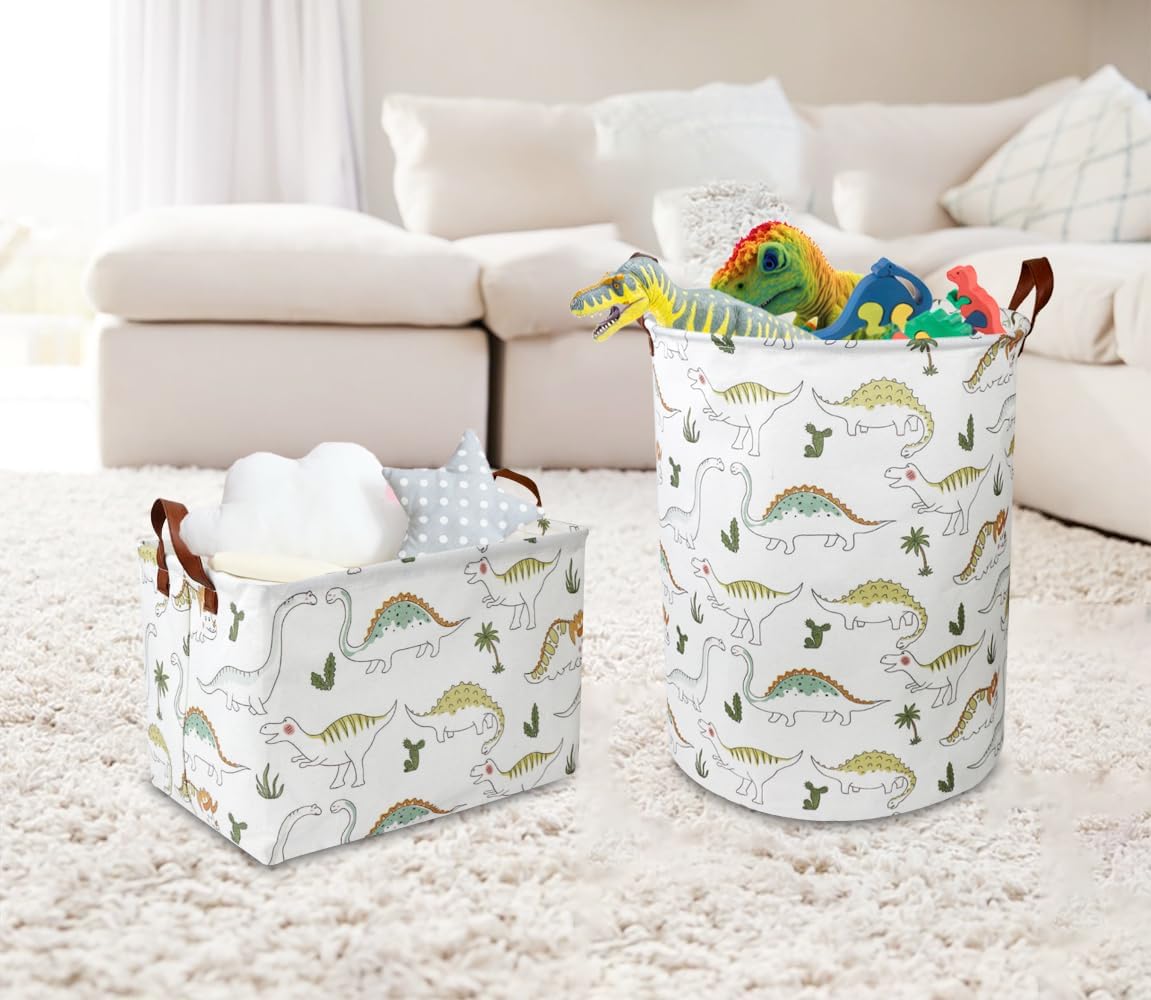 Large Round Canvas Linen Laundry Hamper,Waterproof Storage Bin for Books/Clothes, Laundry Basket, Gift Basket(Eucalyptus leaves)