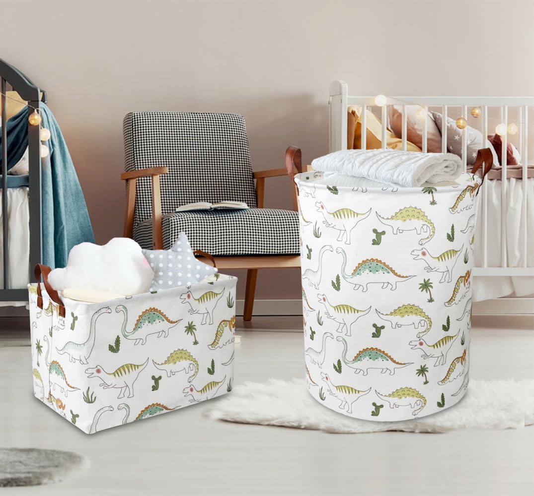 Large Round Canvas Linen Laundry Hamper,Waterproof Storage Bin for Books/Clothes, Laundry Basket, Gift Basket(Eucalyptus leaves)