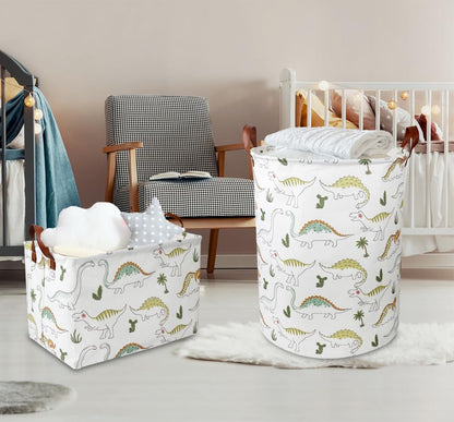 Large Round Canvas Linen Laundry Hamper,Waterproof Storage Bin for Books/Clothes, Laundry Basket, Gift Basket(Eucalyptus leaves)
