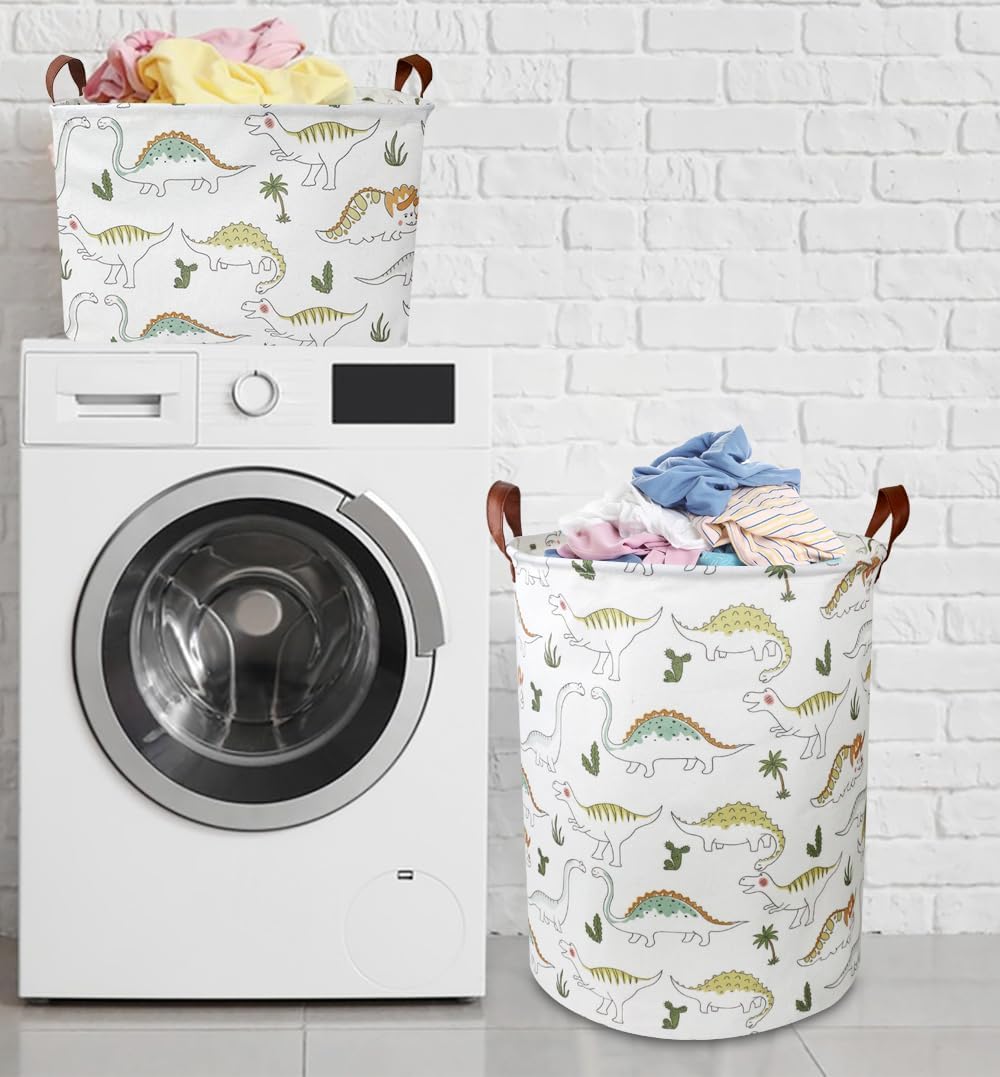 Large Round Canvas Linen Laundry Hamper,Waterproof Storage Bin for Books/Clothes, Laundry Basket, Gift Basket(Eucalyptus leaves)