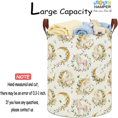 Large Round Canvas Linen Laundry Hamper,Waterproof Storage Bin for Books/Clothes, Laundry Basket, Gift Basket(Eucalyptus leaves)