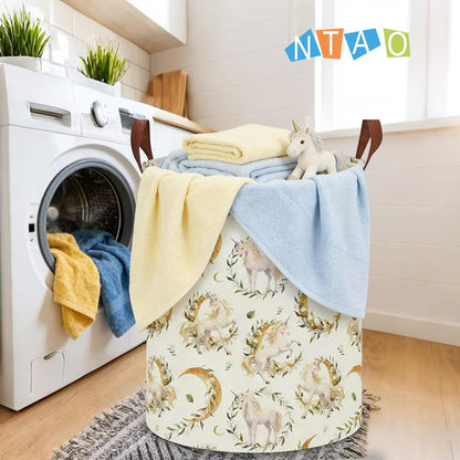 Large Round Canvas Linen Laundry Hamper,Waterproof Storage Bin for Books/Clothes, Laundry Basket, Gift Basket(Eucalyptus leaves)