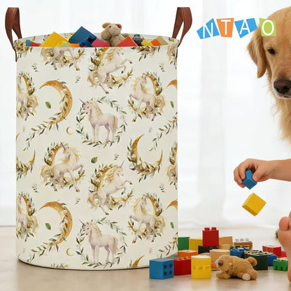 Large Round Canvas Linen Laundry Hamper,Waterproof Storage Bin for Books/Clothes, Laundry Basket, Gift Basket(Eucalyptus leaves)