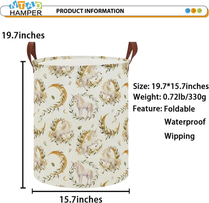 Large Round Canvas Linen Laundry Hamper,Waterproof Storage Bin for Books/Clothes, Laundry Basket, Gift Basket(Eucalyptus leaves)