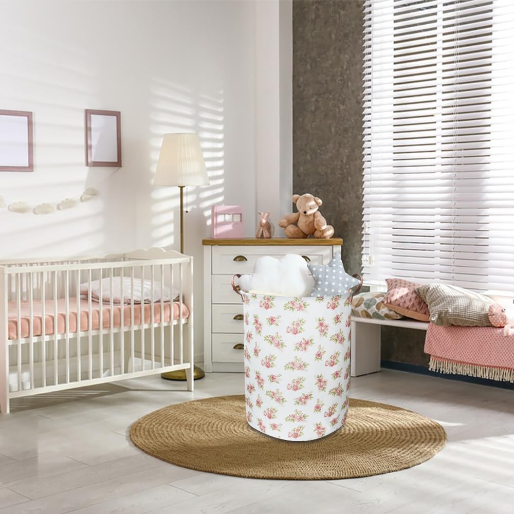 Large Round Canvas Linen Laundry Hamper,Waterproof Storage Bin for Books/Clothes, Laundry Basket, Gift Basket(Eucalyptus leaves)