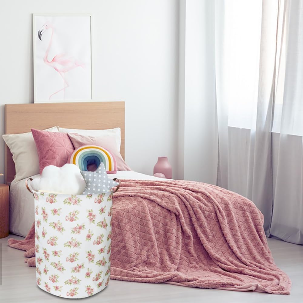 Large Round Canvas Linen Laundry Hamper,Waterproof Storage Bin for Books/Clothes, Laundry Basket, Gift Basket(Eucalyptus leaves)