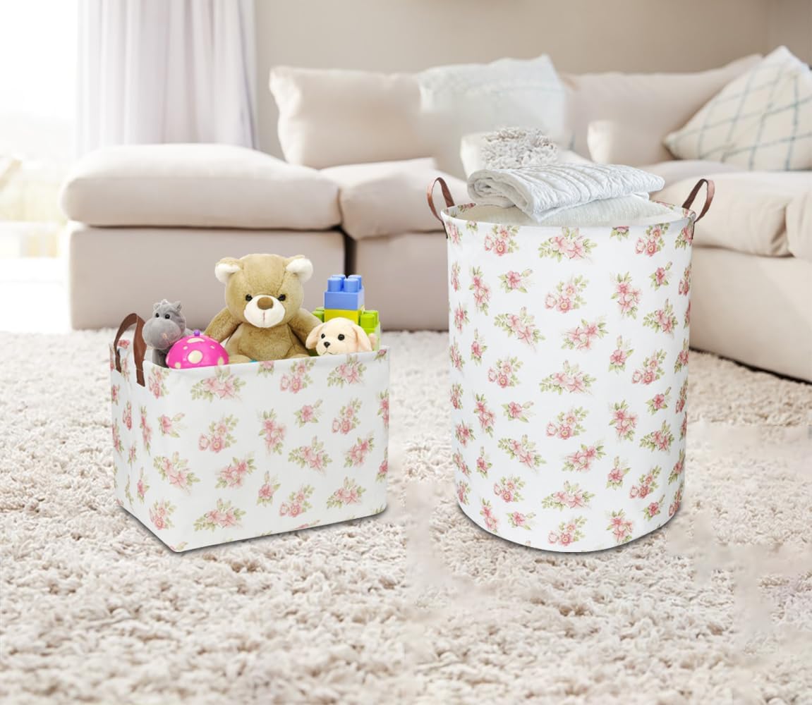 Large Round Canvas Linen Laundry Hamper,Waterproof Storage Bin for Books/Clothes, Laundry Basket, Gift Basket(Eucalyptus leaves)