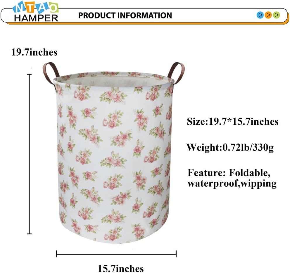 Large Round Canvas Linen Laundry Hamper,Waterproof Storage Bin for Books/Clothes, Laundry Basket, Gift Basket(Eucalyptus leaves)