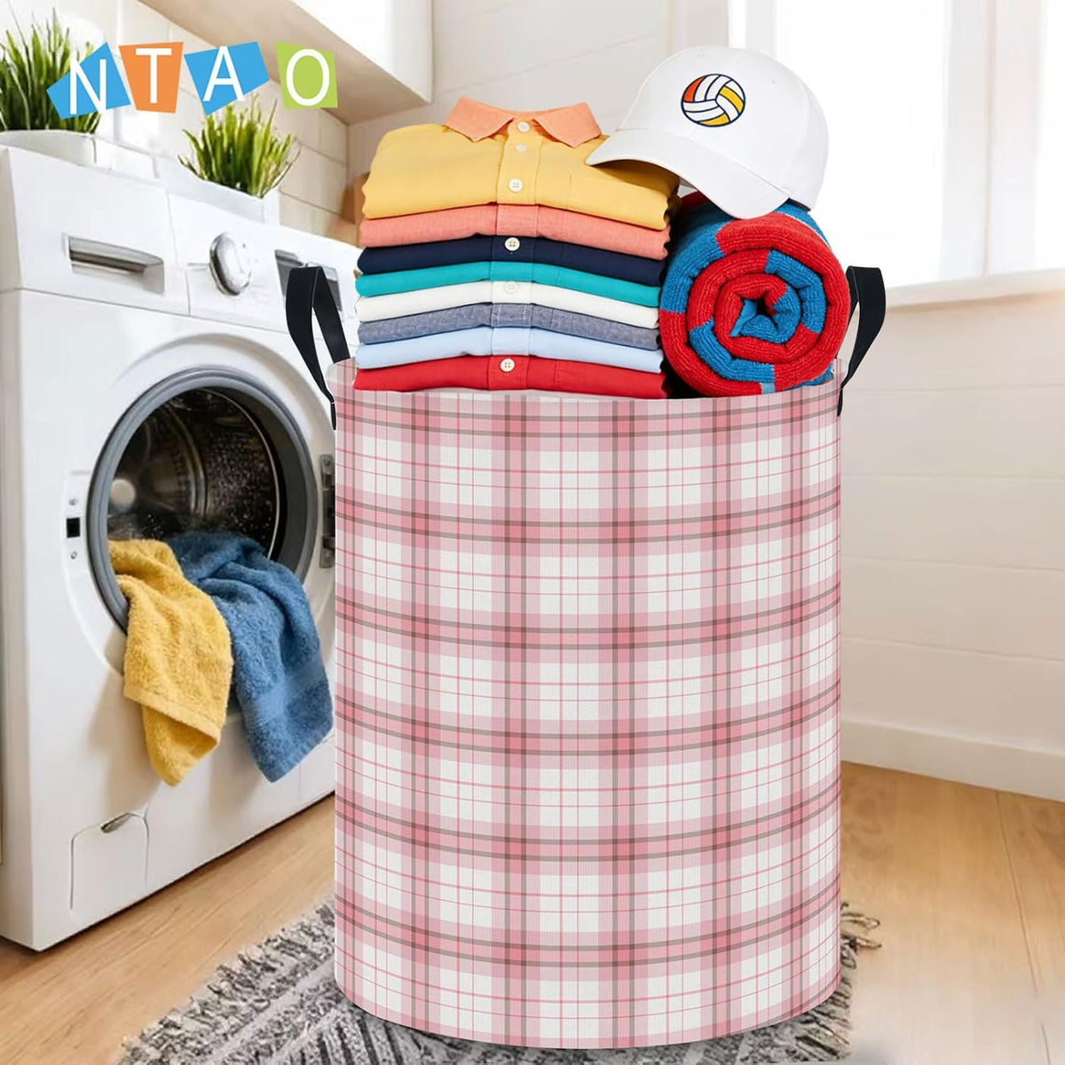 Large Round Canvas Linen Laundry Hamper,Waterproof Storage Bin for Books/Clothes, Laundry Basket, Gift Basket(Eucalyptus leaves)