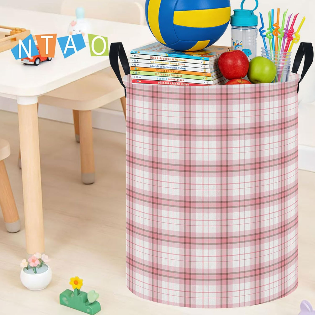 Large Round Canvas Linen Laundry Hamper,Waterproof Storage Bin for Books/Clothes, Laundry Basket, Gift Basket(Eucalyptus leaves)