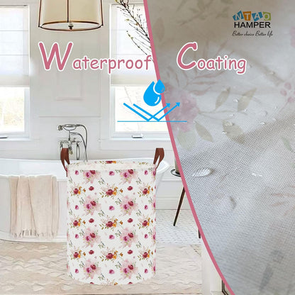Large Round Canvas Linen Laundry Hamper,Waterproof Storage Bin for Books/Clothes, Laundry Basket, Gift Basket(Eucalyptus leaves)