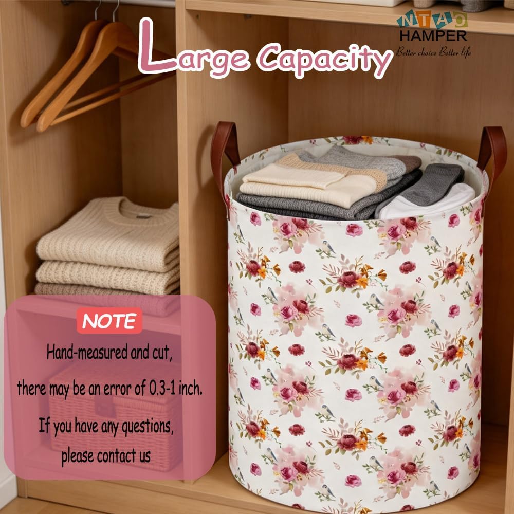 Large Round Canvas Linen Laundry Hamper,Waterproof Storage Bin for Books/Clothes, Laundry Basket, Gift Basket(Eucalyptus leaves)