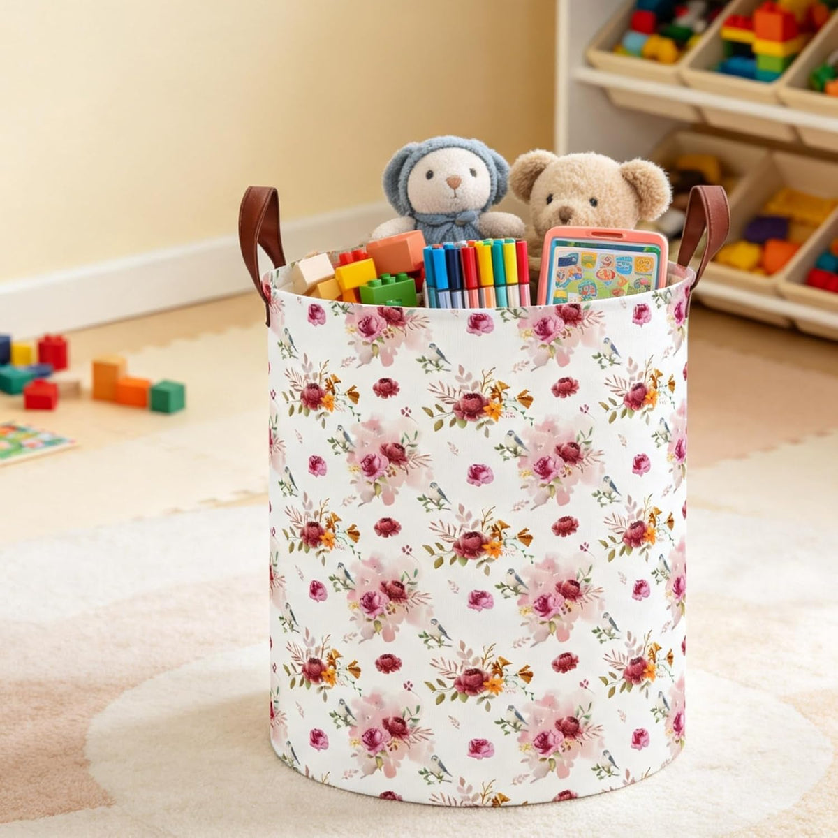 Large Round Canvas Linen Laundry Hamper,Waterproof Storage Bin for Books/Clothes, Laundry Basket, Gift Basket(Eucalyptus leaves)