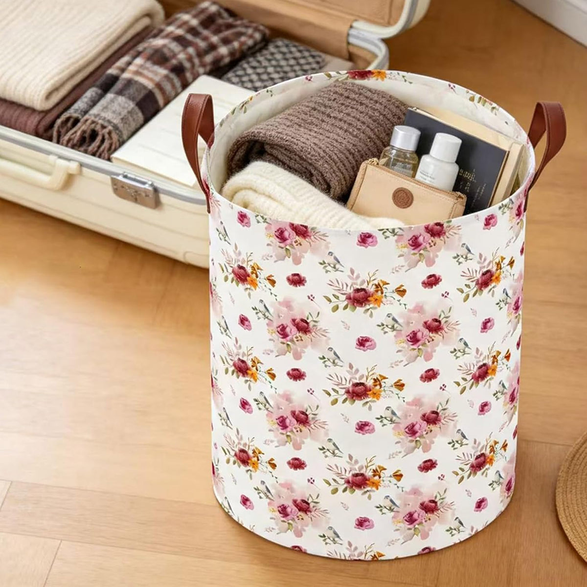 Large Round Canvas Linen Laundry Hamper,Waterproof Storage Bin for Books/Clothes, Laundry Basket, Gift Basket(Eucalyptus leaves)