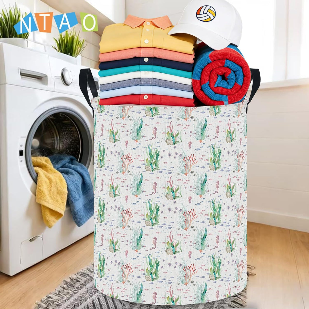 Large Round Canvas Linen Laundry Hamper,Waterproof Storage Bin for Books/Clothes, Laundry Basket, Gift Basket(Eucalyptus leaves)