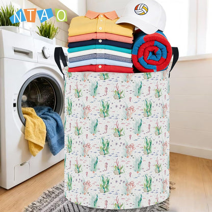 Large Round Canvas Linen Laundry Hamper,Waterproof Storage Bin for Books/Clothes, Laundry Basket, Gift Basket(Eucalyptus leaves)