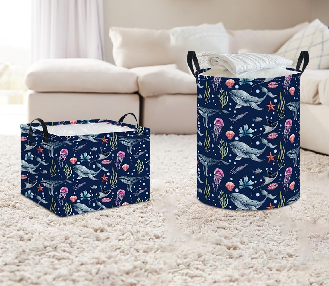 Large Round Canvas Linen Laundry Hamper,Waterproof Storage Bin for Books/Clothes, Laundry Basket, Gift Basket(Eucalyptus leaves)