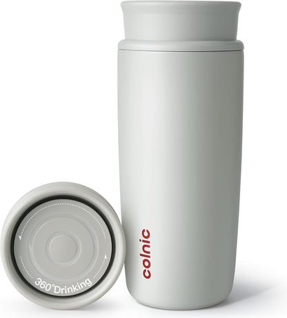 Travel Coffee Mug with 360°Lid, 12 oz Coffee Tumbler Insulated Travel Mugs for Hot and Cold, Vacuum Insulated Stainless Steel Coffee Cup Leak Proof Spill Proof-Ivory Gray