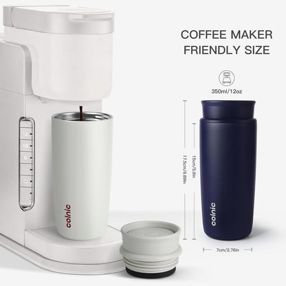 Travel Coffee Mug with 360°Lid, 12 oz Coffee Tumbler Insulated Travel Mugs for Hot and Cold, Vacuum Insulated Stainless Steel Coffee Cup Leak Proof Spill Proof-Ivory Gray