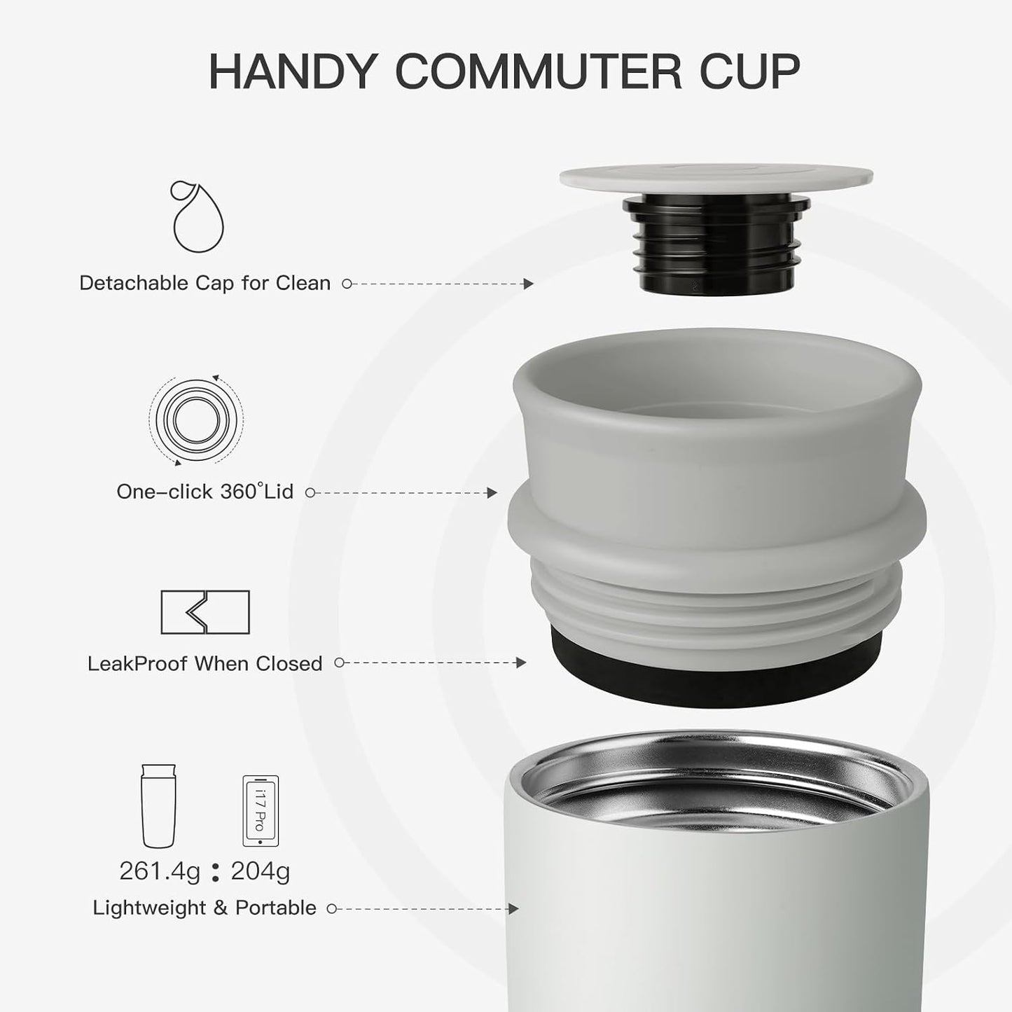 Travel Coffee Mug with 360°Lid, 12 oz Coffee Tumbler Insulated Travel Mugs for Hot and Cold, Vacuum Insulated Stainless Steel Coffee Cup Leak Proof Spill Proof-Ivory Gray