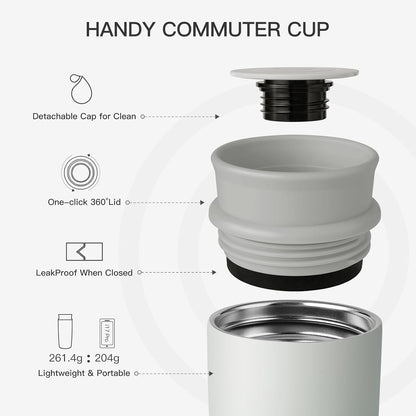 Travel Coffee Mug with 360°Lid, 12 oz Coffee Tumbler Insulated Travel Mugs for Hot and Cold, Vacuum Insulated Stainless Steel Coffee Cup Leak Proof Spill Proof-Ivory Gray