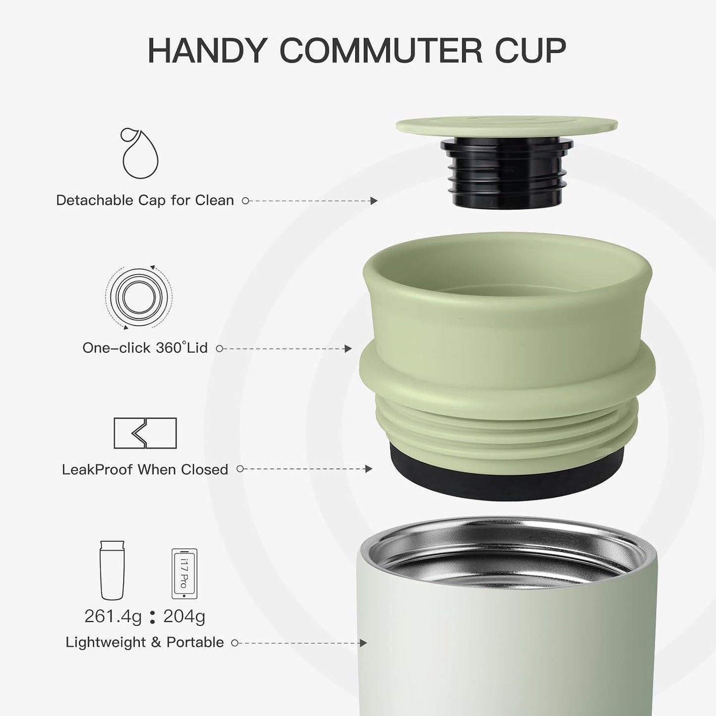 Travel Coffee Mug with 360°Lid, 12 oz Coffee Tumbler Insulated Travel Mugs for Hot and Cold, Vacuum Insulated Stainless Steel Coffee Cup Leak Proof Spill Proof-Ivory Gray