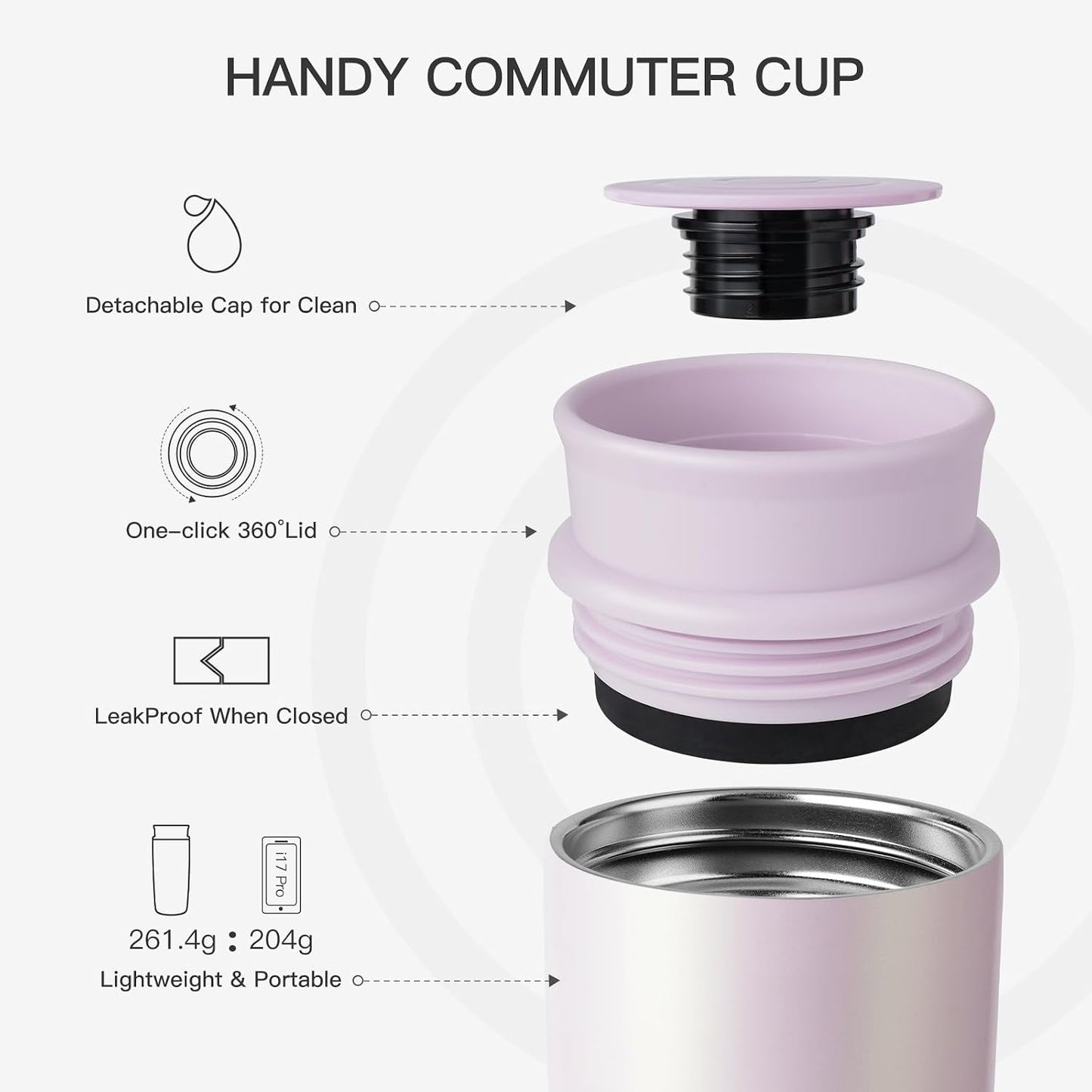 Travel Coffee Mug with 360°Lid, 12 oz Coffee Tumbler Insulated Travel Mugs for Hot and Cold, Vacuum Insulated Stainless Steel Coffee Cup Leak Proof Spill Proof-Ivory Gray