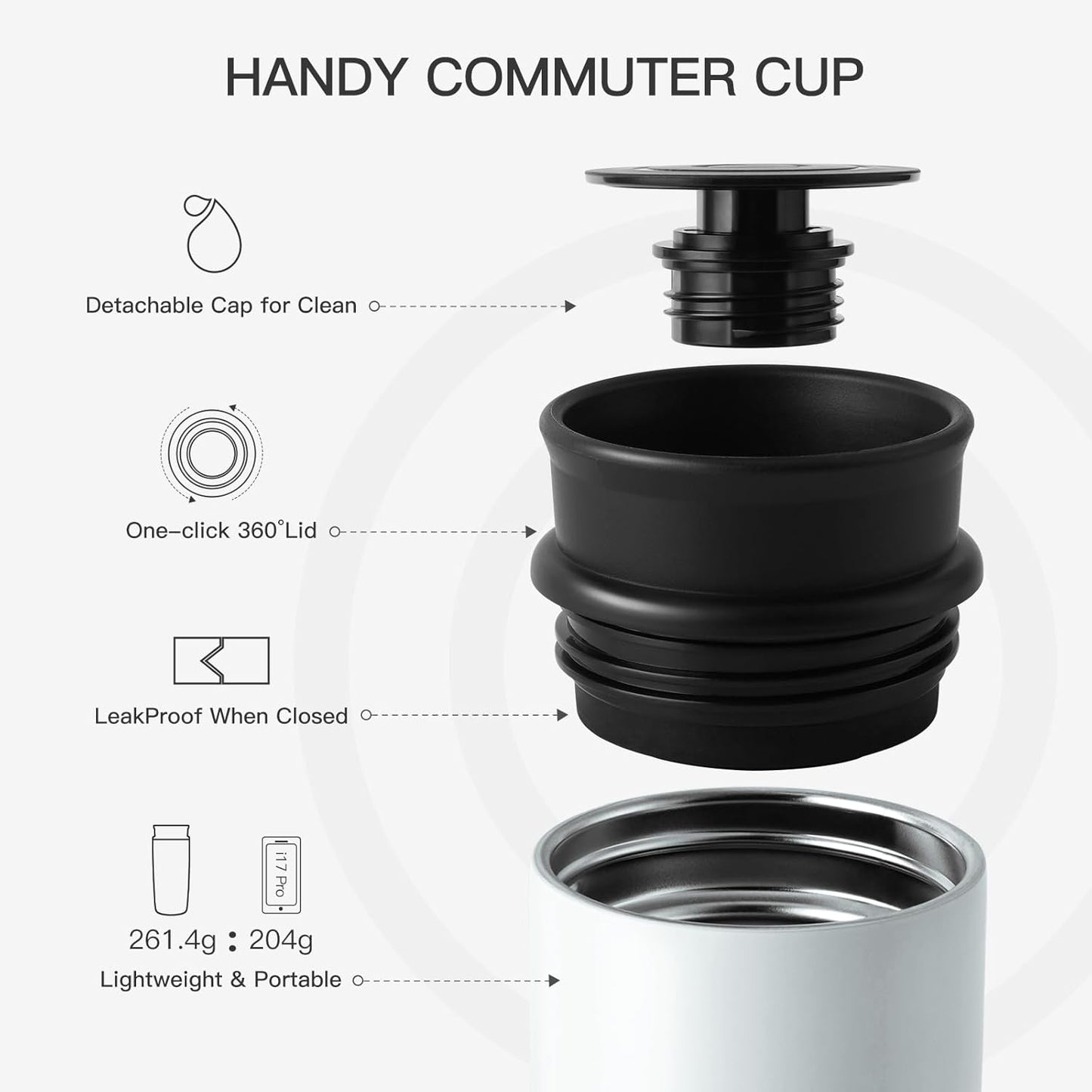 Travel Coffee Mug with 360°Lid, 12 oz Coffee Tumbler Insulated Travel Mugs for Hot and Cold, Vacuum Insulated Stainless Steel Coffee Cup Leak Proof Spill Proof-Ivory Gray