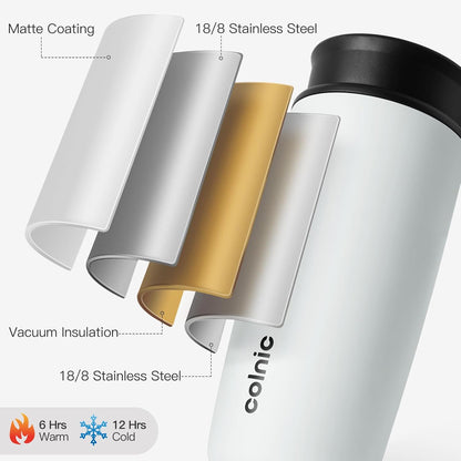 Travel Coffee Mug with 360°Lid, 12 oz Coffee Tumbler Insulated Travel Mugs for Hot and Cold, Vacuum Insulated Stainless Steel Coffee Cup Leak Proof Spill Proof-Ivory Gray