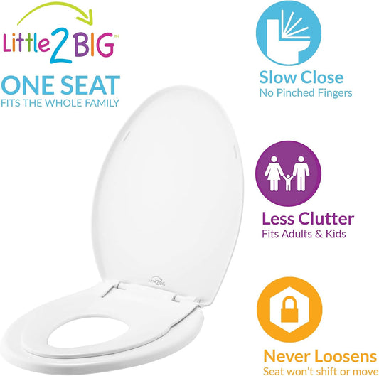 Little2Big Toilet Seat with Built-In Toddler Potty Training Seat, Slow Close, Easy to Install, Made in USA, ELONGATED, White
