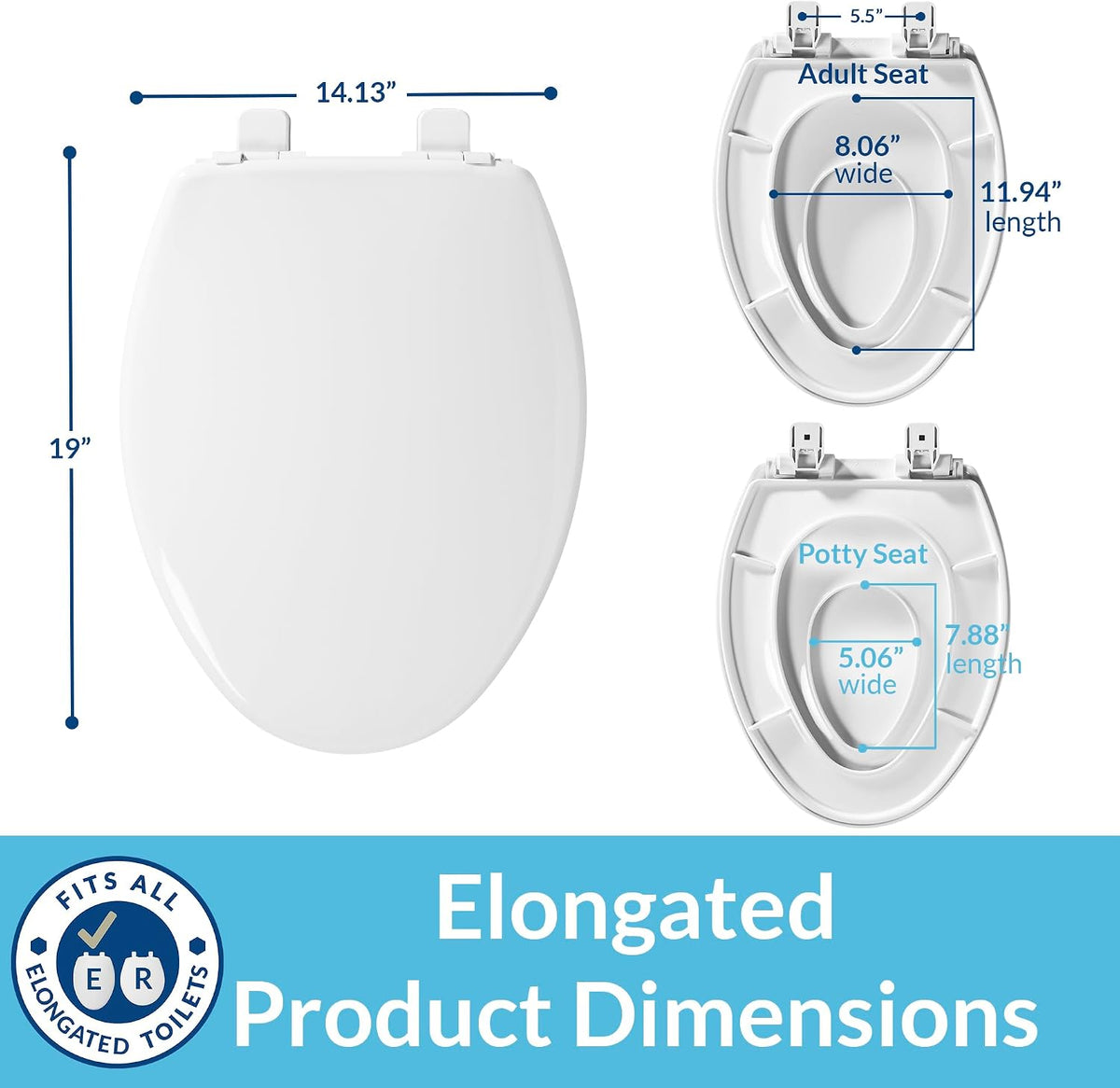 Little2Big Toilet Seat with Built-In Toddler Potty Training Seat, Slow Close, Easy to Install, Made in USA, ELONGATED, White
