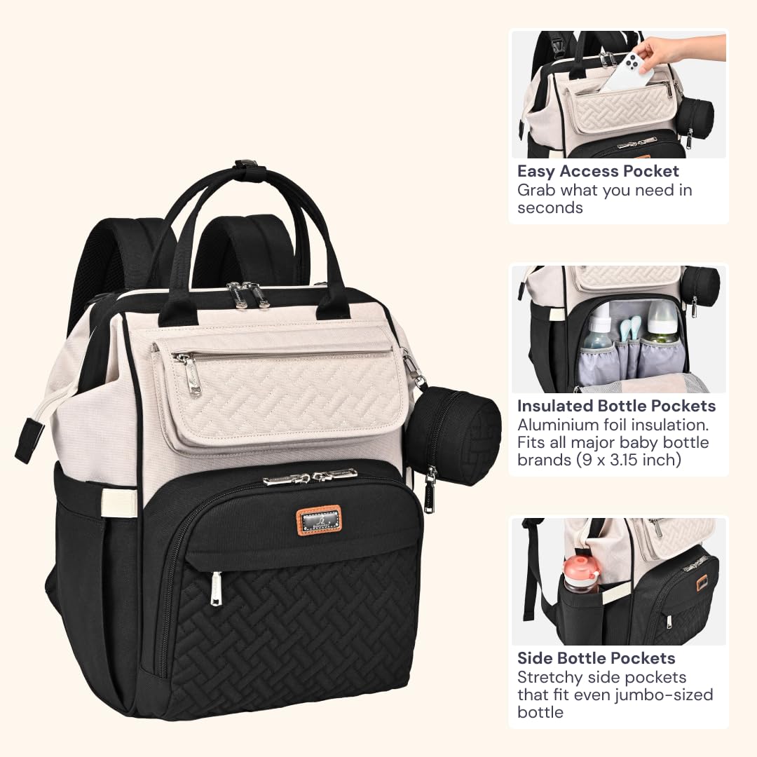 Diaper Bag Backpack, Multifunction Nappy Changing Bag with Changing Pad, Stroller Straps & Pacifier Case, Unisex Stylish Travel Back Pack for Moms & Dads – Apricot & Black