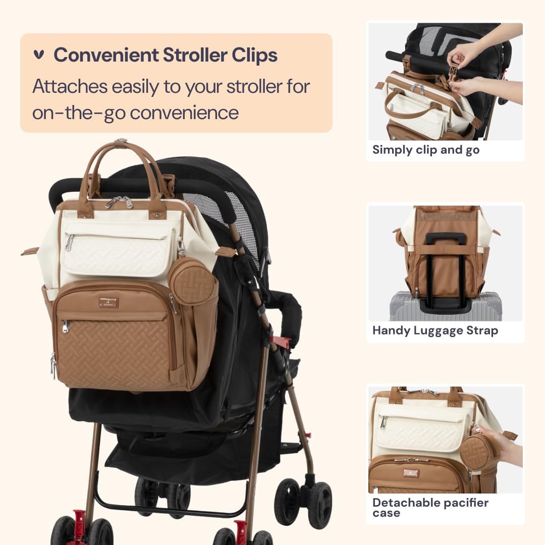 Diaper Bag Backpack, Multifunction Nappy Changing Bag with Changing Pad, Stroller Straps & Pacifier Case, Unisex Stylish Travel Back Pack for Moms & Dads – Apricot & Black