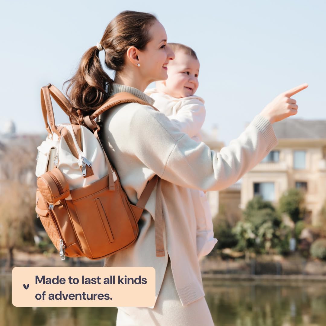 Diaper Bag Backpack, Multifunction Nappy Changing Bag with Changing Pad, Stroller Straps & Pacifier Case, Unisex Stylish Travel Back Pack for Moms & Dads – Apricot & Black