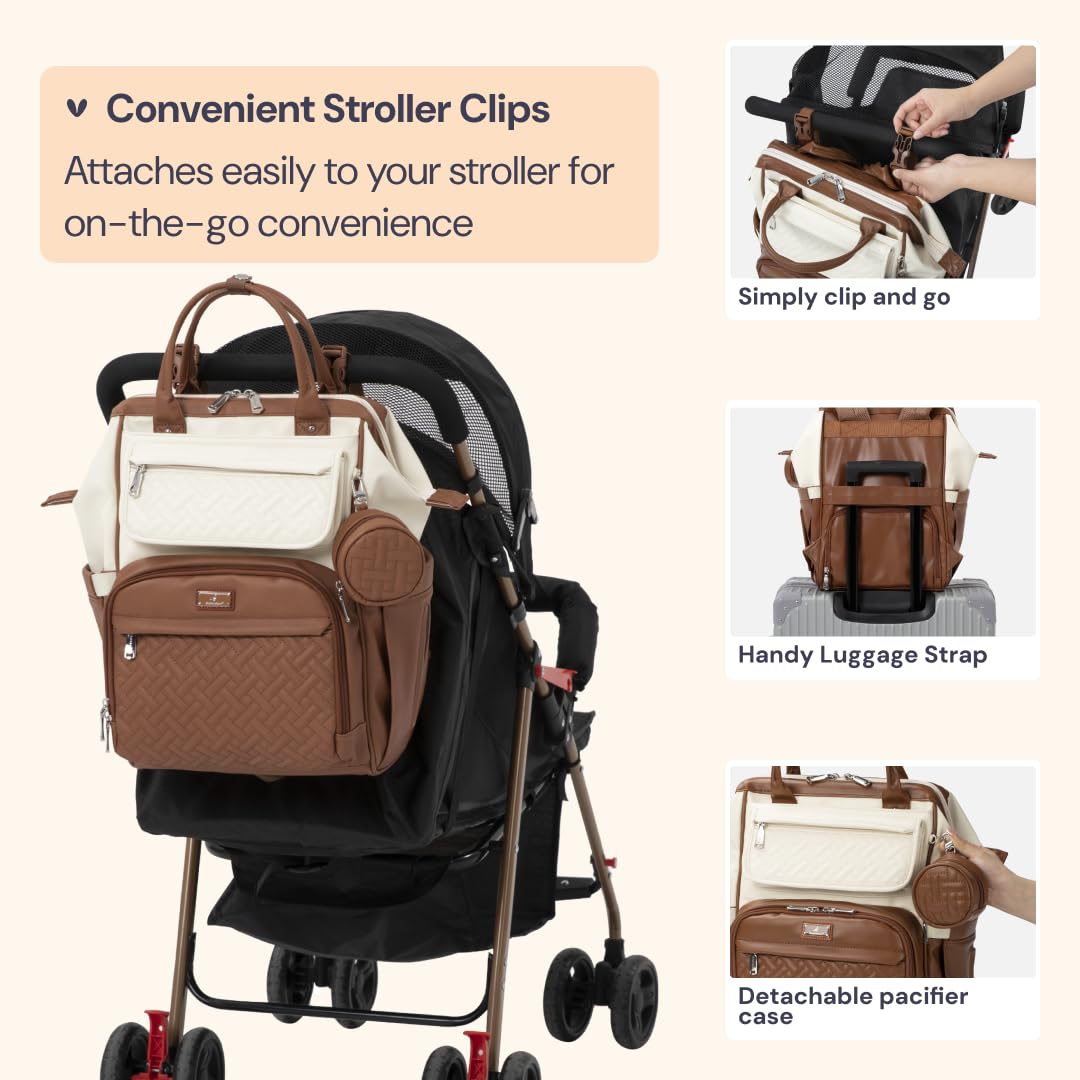 Diaper Bag Backpack, Multifunction Nappy Changing Bag with Changing Pad, Stroller Straps & Pacifier Case, Unisex Stylish Travel Back Pack for Moms & Dads – Apricot & Black
