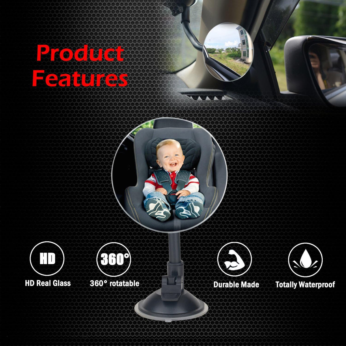 Clip On Amusing Baby Car Mirror, Adjustabe HD Glass Convex Wide Angle Interior Rearview Baby Rear Facing Mirror (Amusing Framed Rectangle, Small, 3.5" X 2.2")