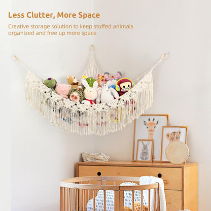 Large Stuffed Animal Net or Hammock, Stuffed Animal Storage Macrame Toy Hammock Hanging Net for Stuffed Animals Corner, Plushie Net Hammock Toy Organizer for Boho Kids Room Nursery Playroom
