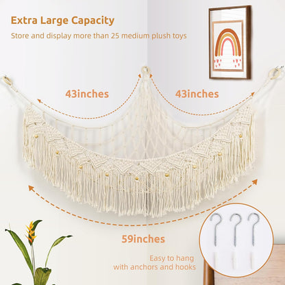 Large Stuffed Animal Net or Hammock, Stuffed Animal Storage Macrame Toy Hammock Hanging Net for Stuffed Animals Corner, Plushie Net Hammock Toy Organizer for Boho Kids Room Nursery Playroom