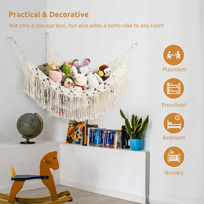 Large Stuffed Animal Net or Hammock, Stuffed Animal Storage Macrame Toy Hammock Hanging Net for Stuffed Animals Corner, Plushie Net Hammock Toy Organizer for Boho Kids Room Nursery Playroom