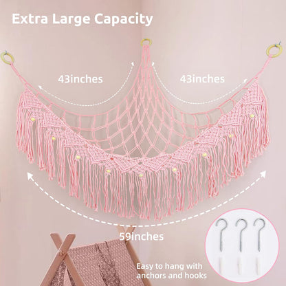 Large Stuffed Animal Net or Hammock, Stuffed Animal Storage Macrame Toy Hammock Hanging Net for Stuffed Animals Corner, Plushie Net Hammock Toy Organizer for Boho Kids Room Nursery Playroom