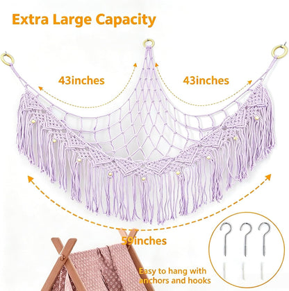 Large Stuffed Animal Net or Hammock, Stuffed Animal Storage Macrame Toy Hammock Hanging Net for Stuffed Animals Corner, Plushie Net Hammock Toy Organizer for Boho Kids Room Nursery Playroom