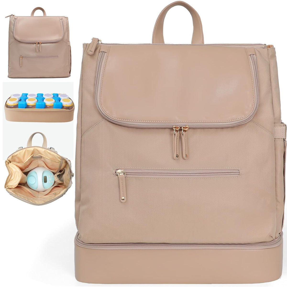 Diaper Bag Backpack - Large Baby Diaper Bag with 14 Pocket, Leather & Nylon Travel Diaper Backpack for Mom, Breast Pump Bag, Removable Cooler Compartment, Double Layer, Khaki